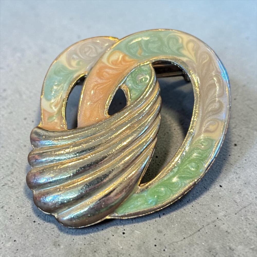 80s Pastel Enamel Swirl Brooch Sculptural Deco Glam Statement Pin